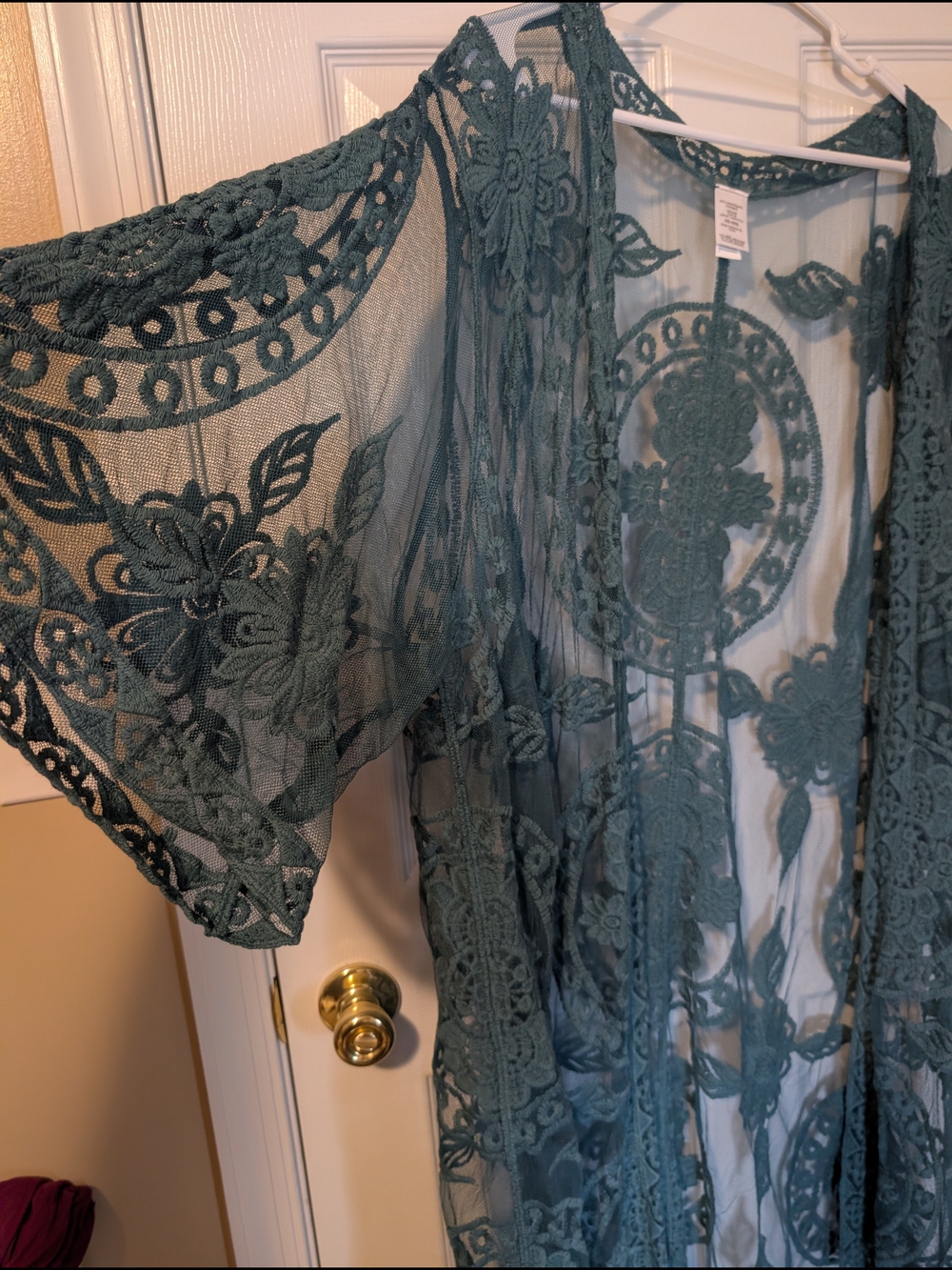 Sheer Lace Crochet Kimono/Bathing suit Coverup- Teal Green - Picture 2 of 3